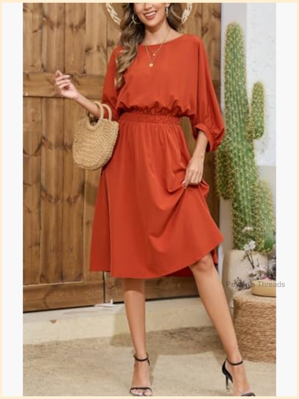 Crew Neck 3/4 Lantern Sleeve Casual Loose Summer Midi Dress - Picture 2 of 5